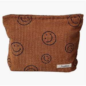 NEW Cosmetic Bags Corduroy Makeup Bag Smile Dots Brown W/ Charms